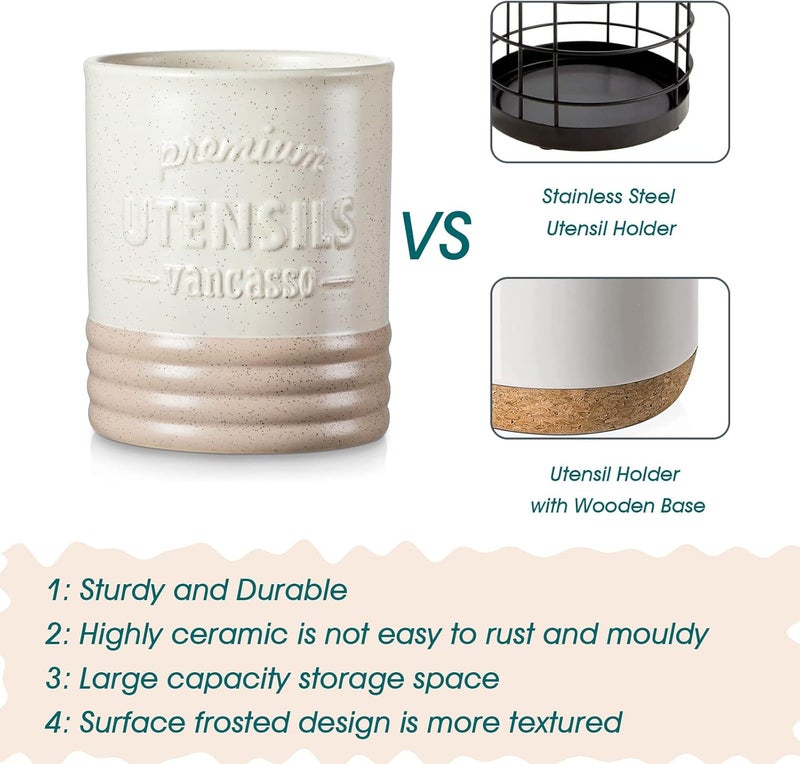 vancasso Sabine Utensil Holder, 7.2" Large Utensil Crock for Kitchen Counter, Ceramic Utensil Crock Storage, Matte Cream-Colored Farmhouse Utensil Organizer, Utensil Storage for Home Décor, Gifts - Image 5